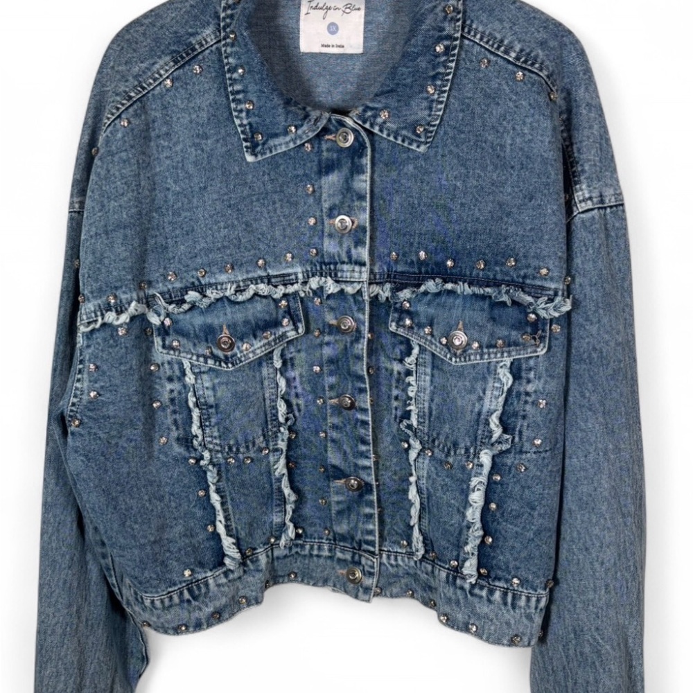 Indulge in Blue Rhinestone Studded Denim Jacket 3X - Picture 2 of 6